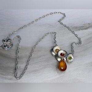 Sterling Silver Multicolor Pendant Necklace with Amber Teardrop